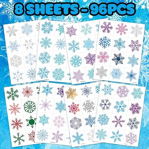 96 PCS Blue Snowflake Pre-Cut Temporary Tattoos Sticker - Winter Birthday Christmas Party Decorations, Decor Supplies Favors Gifts for Girls Boys Baby Showers, Cute Fake Tattoos Classroom Reward Themed Avelisse