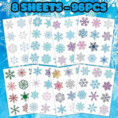96 PCS Blue Snowflake Pre-Cut Temporary Tattoos Sticker - Winter Birthday Christmas Party Decorations, Decor Supplies Favors Gifts for Girls Boys Baby Showers, Cute Fake Tattoos Classroom Reward Themed Avelisse