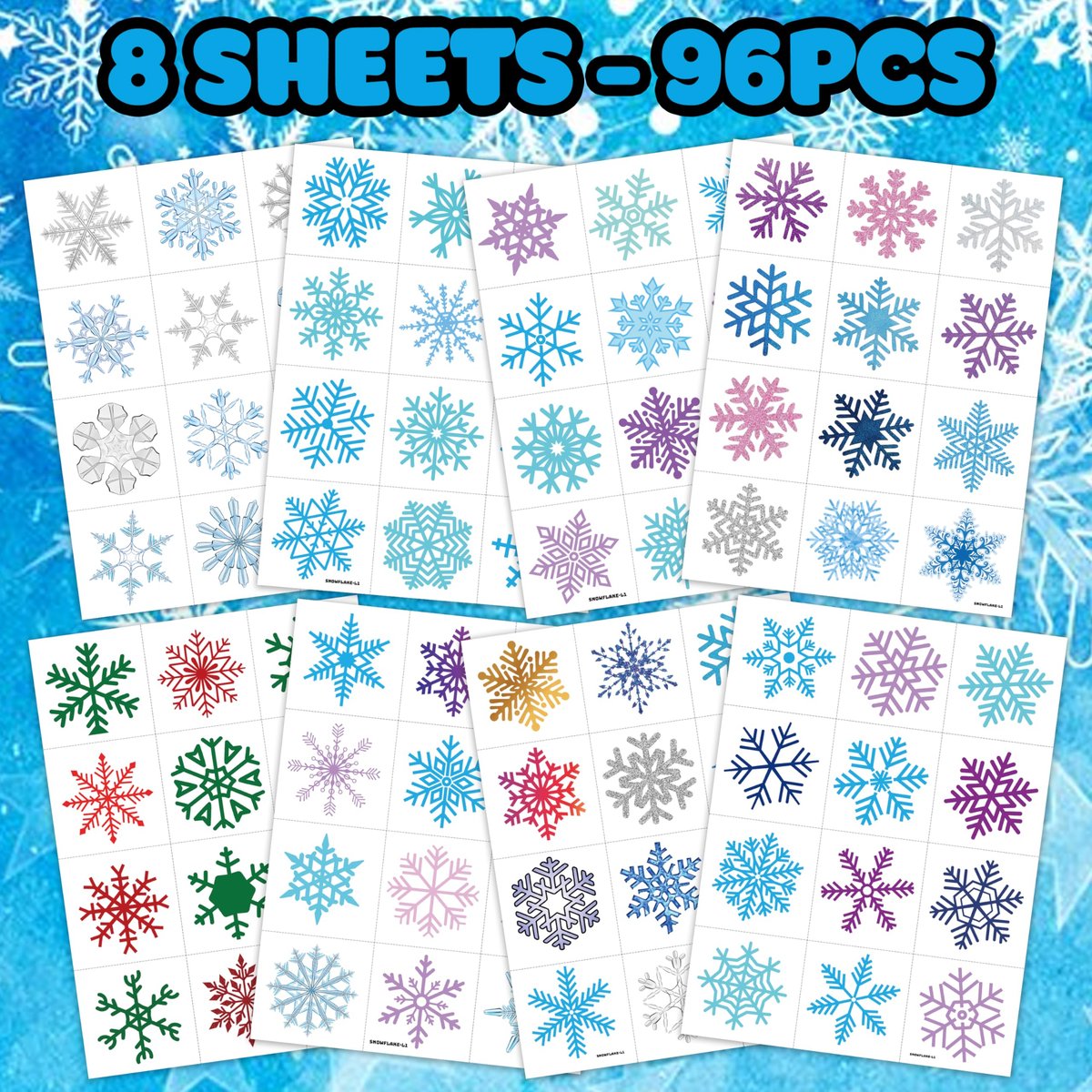 96 PCS Blue Snowflake Pre-Cut Temporary Tattoos Sticker - Winter Birthday Christmas Party Decorations, Decor Supplies Favors Gifts for Girls Boys Baby Showers, Cute Fake Tattoos Classroom Reward Themed Avelisse