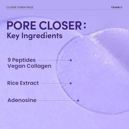 FRANKLY Pore Closer Toner Pads - Rice Jelly Pads with 9 Peptides, Vegan Collagen & Rice Extract | Pore Minimizer & Hydrating Korean Skin Care | 70 Count