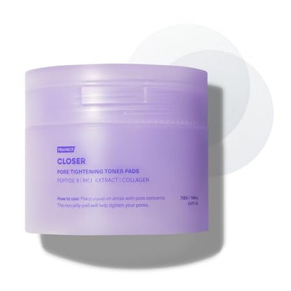 FRANKLY Pore Closer Toner Pads - Rice Jelly Pads with 9 Peptides, Vegan Collagen & Rice Extract | Pore Minimizer & Hydrating Korean Skin Care | 70 Count