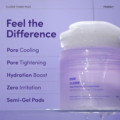 FRANKLY Pore Closer Toner Pads - Rice Jelly Pads with 9 Peptides, Vegan Collagen & Rice Extract | Pore Minimizer & Hydrating Korean Skin Care | 70 Count
