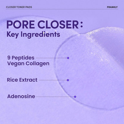 FRANKLY Pore Closer Toner Pads - Rice Jelly Pads with 9 Peptides, Vegan Collagen & Rice Extract | Pore Minimizer & Hydrating Korean Skin Care | 70 Count