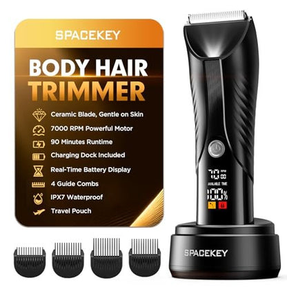 Spacekey Electric Body Hair Trimmer – IPX7 Waterproof Ball Trimmer for Men, Wet/Dry Groomer with LED Light, USB-C Rechargeable, Travel Bag Included for Pubic, Groin and Body Shave Avelisse