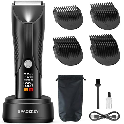 Spacekey Electric Body Hair Trimmer – IPX7 Waterproof Ball Trimmer for Men, Wet/Dry Groomer with LED Light, USB-C Rechargeable, Travel Bag Included for Pubic, Groin and Body Shave Avelisse