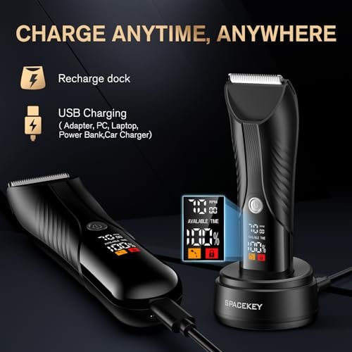 Spacekey Electric Body Hair Trimmer – IPX7 Waterproof Ball Trimmer for Men, Wet/Dry Groomer with LED Light, USB-C Rechargeable, Travel Bag Included for Pubic, Groin and Body Shave Avelisse