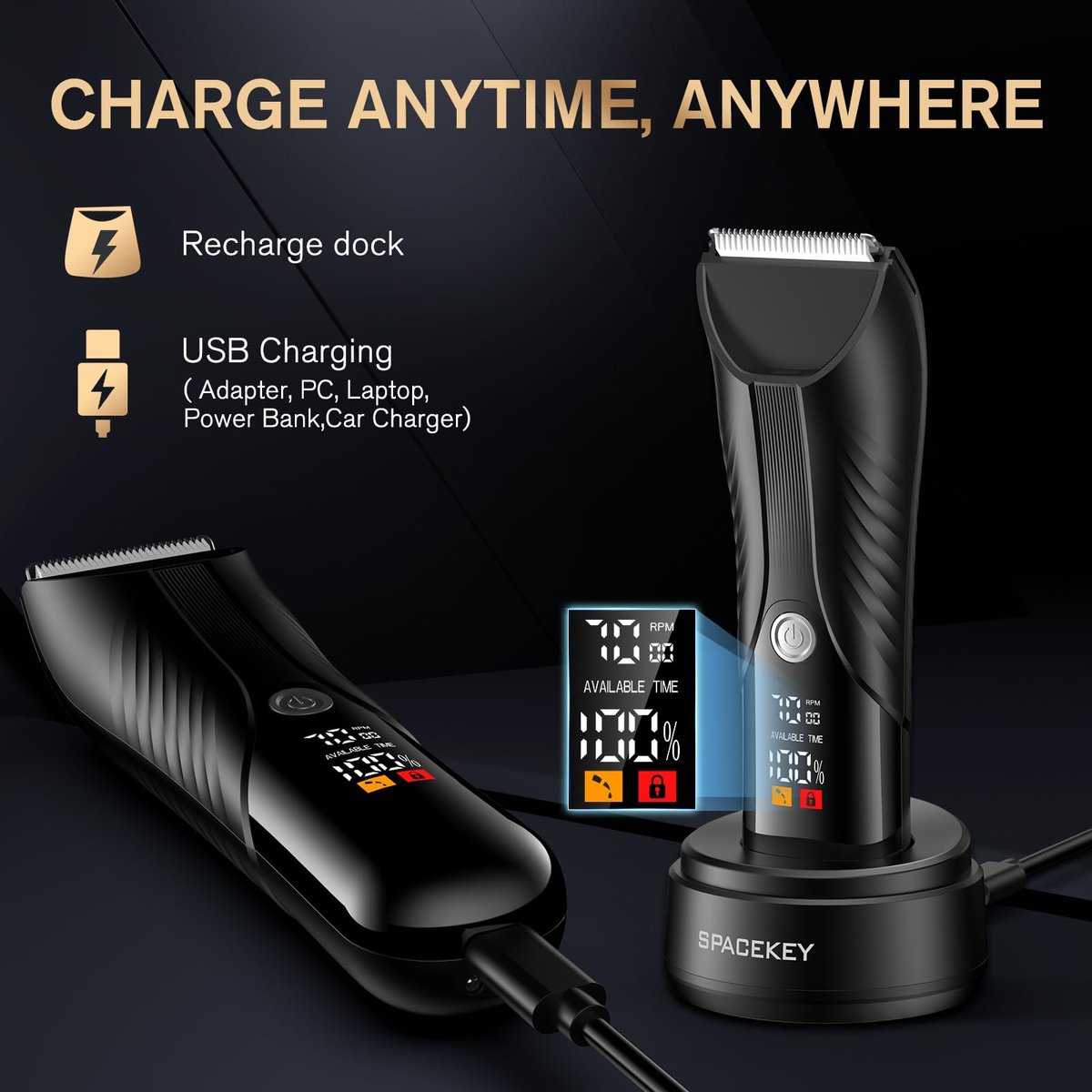 Spacekey Electric Body Hair Trimmer – IPX7 Waterproof Ball Trimmer for Men, Wet/Dry Groomer with LED Light, USB-C Rechargeable, Travel Bag Included for Pubic, Groin and Body Shave Avelisse