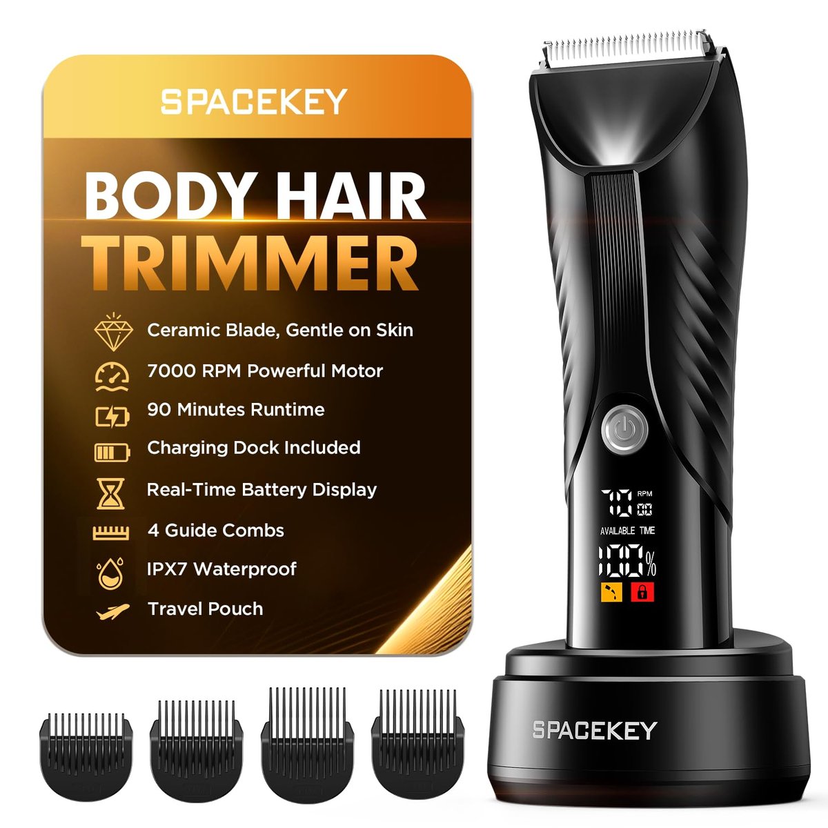 Spacekey Electric Body Hair Trimmer – IPX7 Waterproof Ball Trimmer for Men, Wet/Dry Groomer with LED Light, USB-C Rechargeable, Travel Bag Included for Pubic, Groin and Body Shave Avelisse