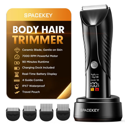Spacekey Electric Body Hair Trimmer – IPX7 Waterproof Ball Trimmer for Men, Wet/Dry Groomer with LED Light, USB-C Rechargeable, Travel Bag Included for Pubic, Groin and Body Shave Avelisse