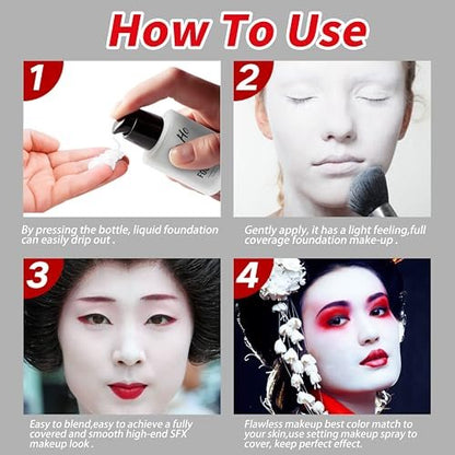 Go Ho White Liquid Foundation - Full Coverage White Foundation, Demi-Matte Finish for Goth, Clown, Vampire, Skeleton Makeup, Daily, Cosplay, Halloween Costume & Stage