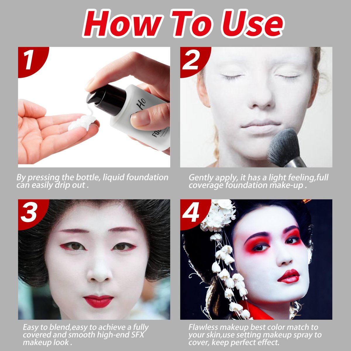 Go Ho White Liquid Foundation - Full Coverage White Foundation, Demi-Matte Finish for Goth, Clown, Vampire, Skeleton Makeup, Daily, Cosplay, Halloween Costume & Stage - görsel 5