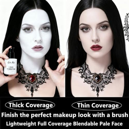 Go Ho White Liquid Foundation - Full Coverage White Foundation, Demi-Matte Finish for Goth, Clown, Vampire, Skeleton Makeup, Daily, Cosplay, Halloween Costume & Stage