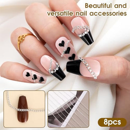 8 Strips Metal Chain Nail Art Charms - Silver Jewelry Chains 3D Decorations for DIY Manicure - Punk Studs Accessories (Silver, 50cm)