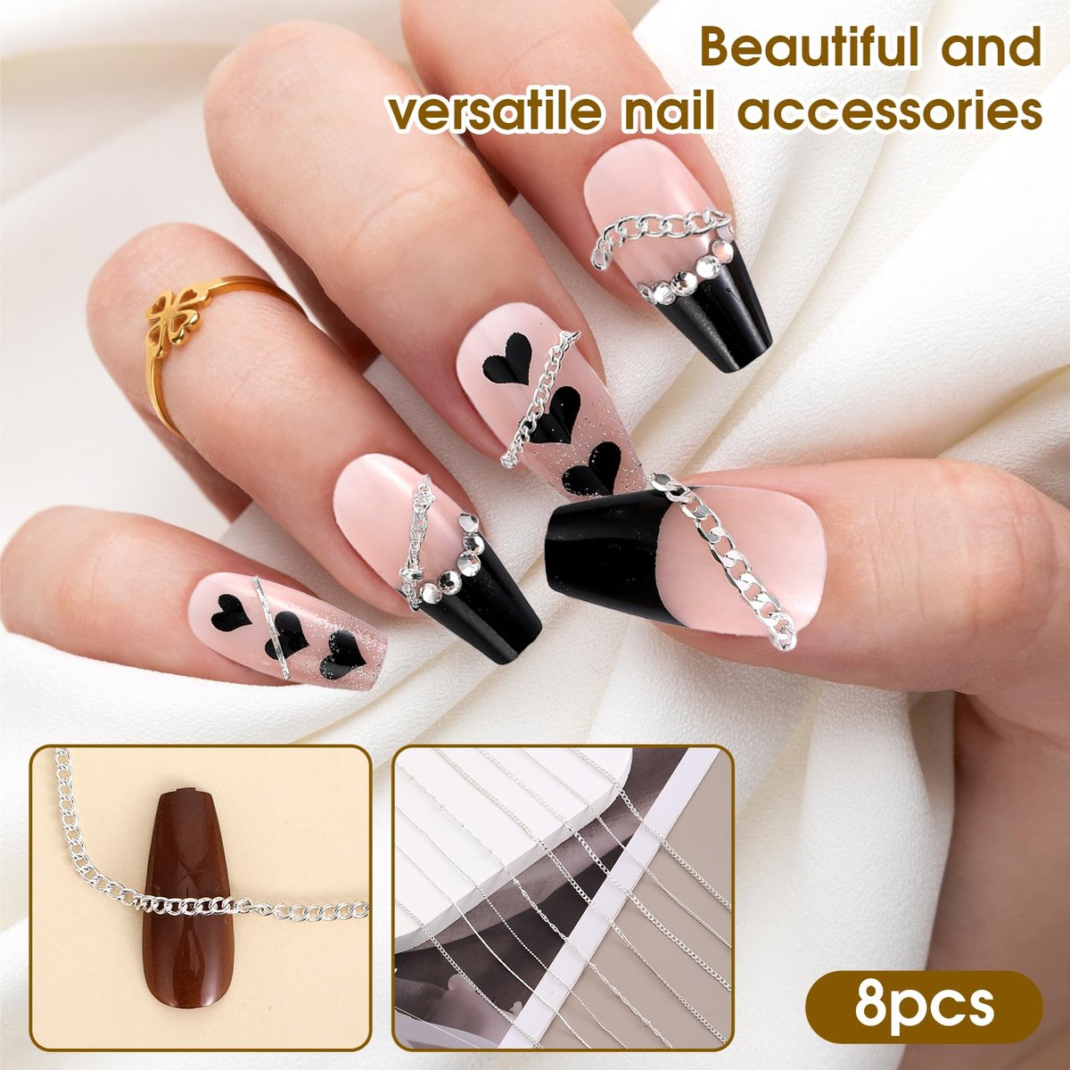 8 Strips Metal Chain Nail Art Charms - Silver Jewelry Chains 3D Decorations for DIY Manicure - Punk Studs Accessories (Silver, 50cm) - görsel 5