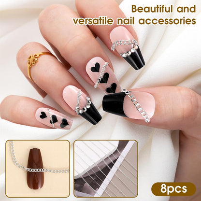 8 Strips Metal Chain Nail Art Charms - Silver Jewelry Chains 3D Decorations for DIY Manicure - Punk Studs Accessories (Silver, 50cm)