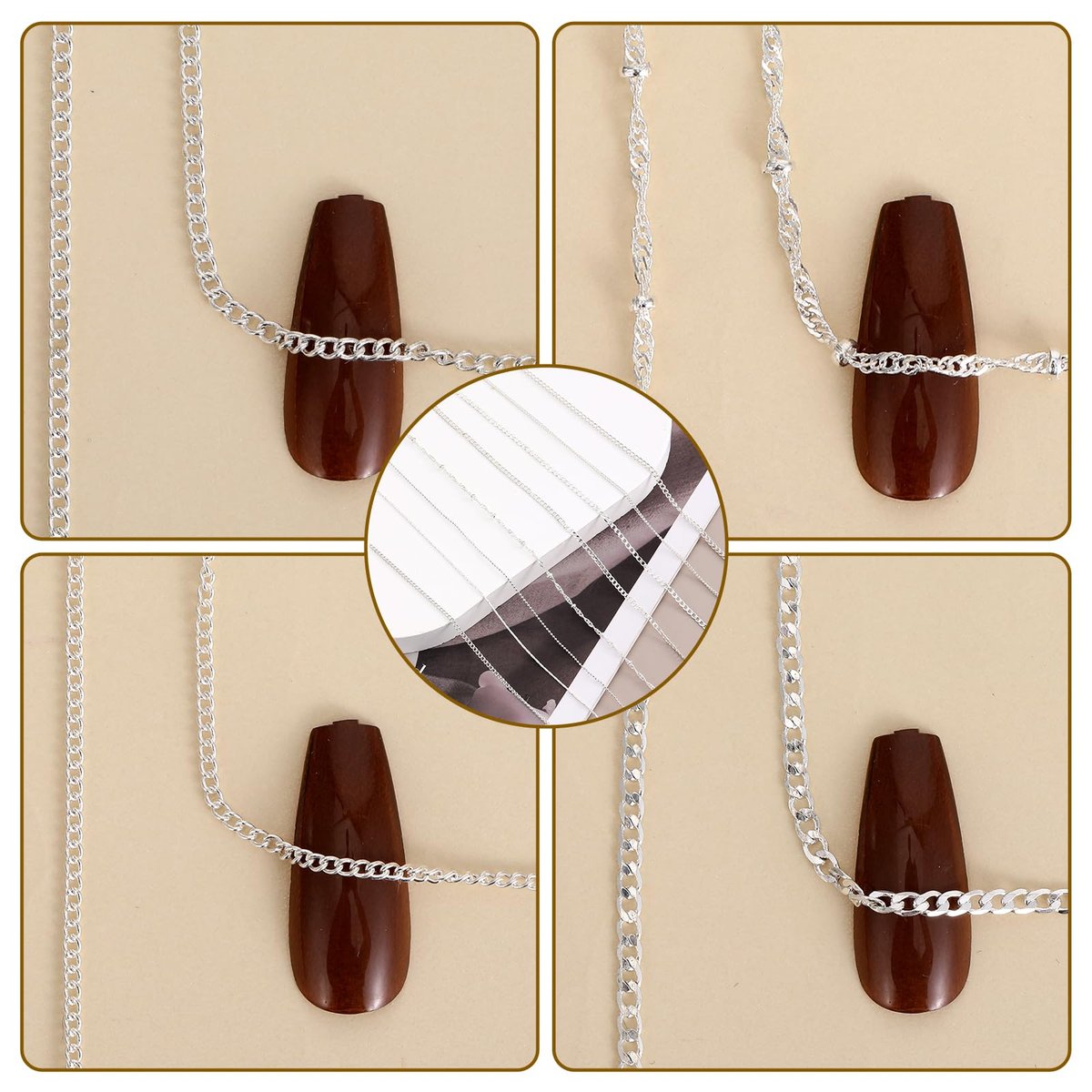 8 Strips Metal Chain Nail Art Charms - Silver Jewelry Chains 3D Decorations for DIY Manicure - Punk Studs Accessories (Silver, 50cm) - görsel 13