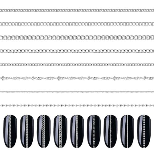 8 Strips Metal Chain Nail Art Charms - Silver Jewelry Chains 3D Decorations for DIY Manicure - Punk Studs Accessories (Silver, 50cm) - görsel 2