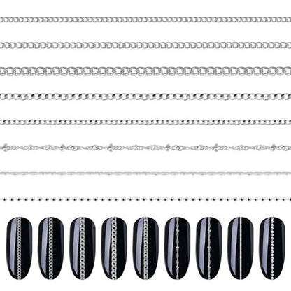 8 Strips Metal Chain Nail Art Charms - Silver Jewelry Chains 3D Decorations for DIY Manicure - Punk Studs Accessories (Silver, 50cm)