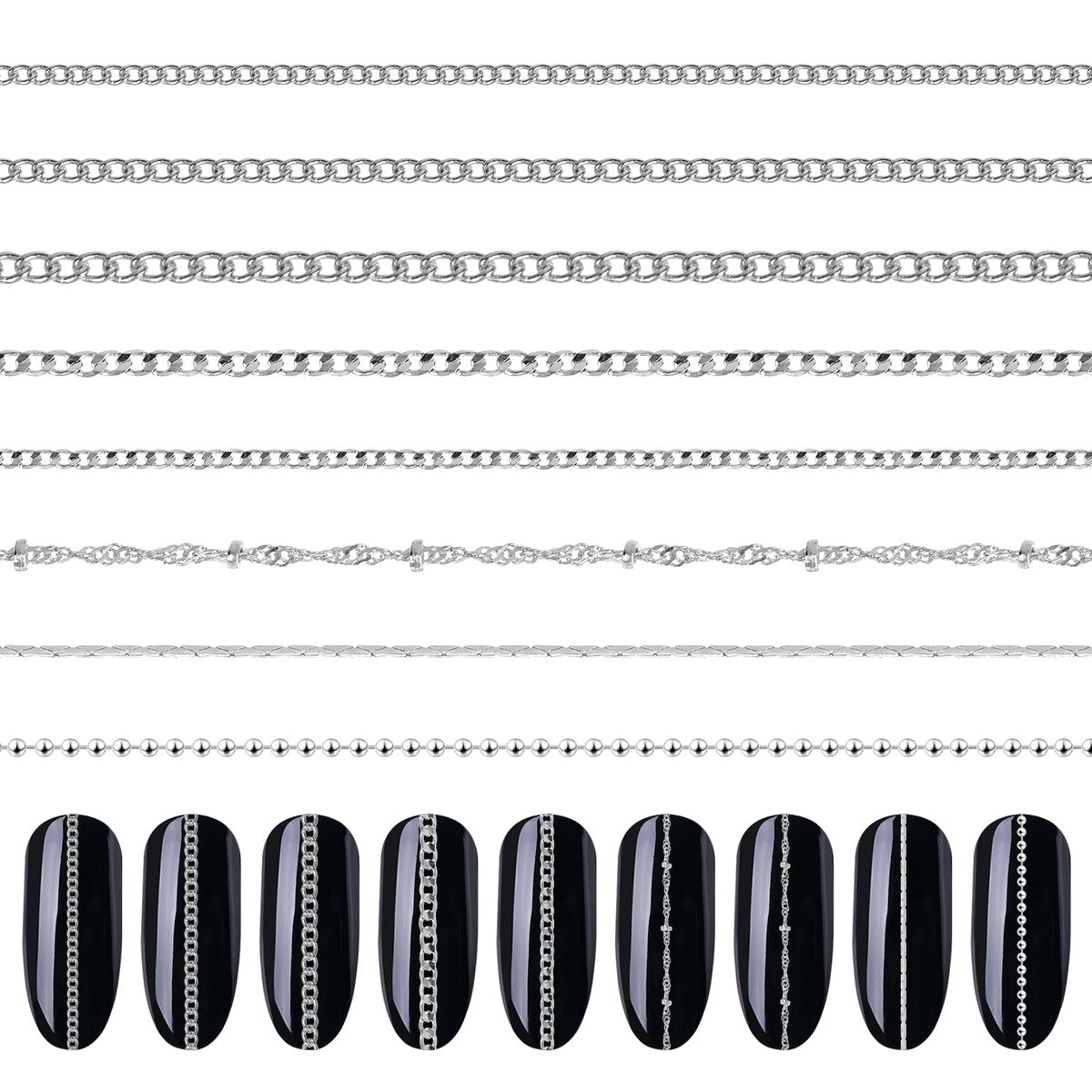 8 Strips Metal Chain Nail Art Charms - Silver Jewelry Chains 3D Decorations for DIY Manicure - Punk Studs Accessories (Silver, 50cm) - görsel 1