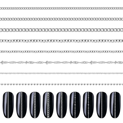 8 Strips Metal Chain Nail Art Charms - Silver Jewelry Chains 3D Decorations for DIY Manicure - Punk Studs Accessories (Silver, 50cm)