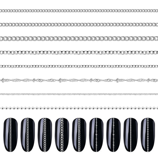 8 Strips Metal Chain Nail Art Charms - Silver Jewelry Chains 3D Decorations for DIY Manicure - Punk Studs Accessories (Silver, 50cm)