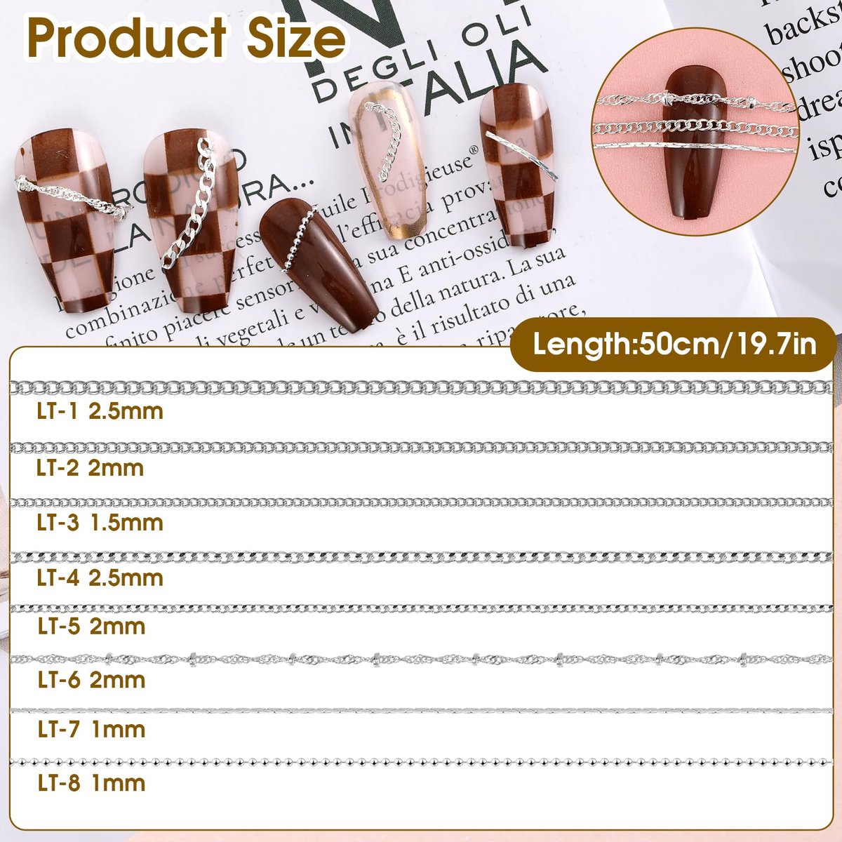 8 Strips Metal Chain Nail Art Charms - Silver Jewelry Chains 3D Decorations for DIY Manicure - Punk Studs Accessories (Silver, 50cm) - görsel 3