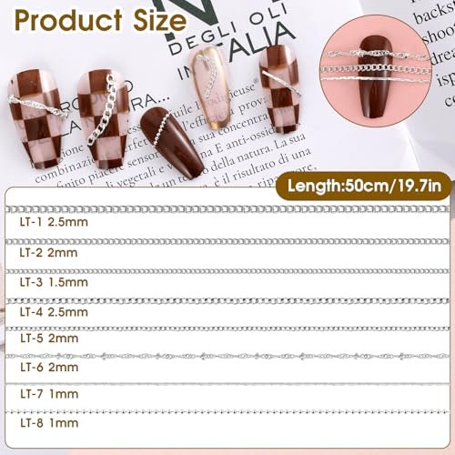 8 Strips Metal Chain Nail Art Charms - Silver Jewelry Chains 3D Decorations for DIY Manicure - Punk Studs Accessories (Silver, 50cm) - görsel 4