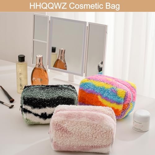 HHQQWZ Rainbow Plush Makeup Bag – Large Capacity Cosmetic Pouch for Women & Girls, Portable Toiletry Organizer - görsel 6