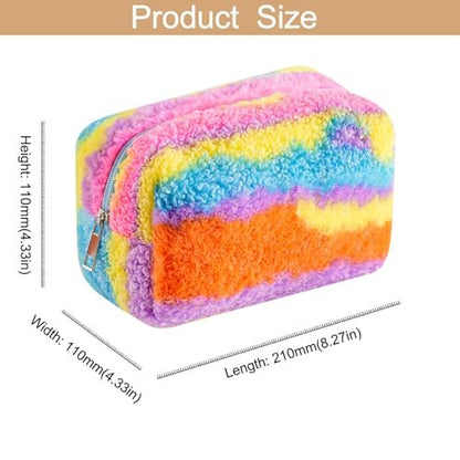 HHQQWZ Rainbow Plush Makeup Bag – Large Capacity Cosmetic Pouch for Women & Girls, Portable Toiletry Organizer