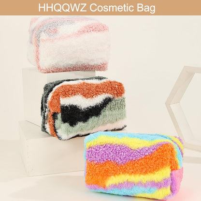 HHQQWZ Rainbow Plush Makeup Bag – Large Capacity Cosmetic Pouch for Women & Girls, Portable Toiletry Organizer