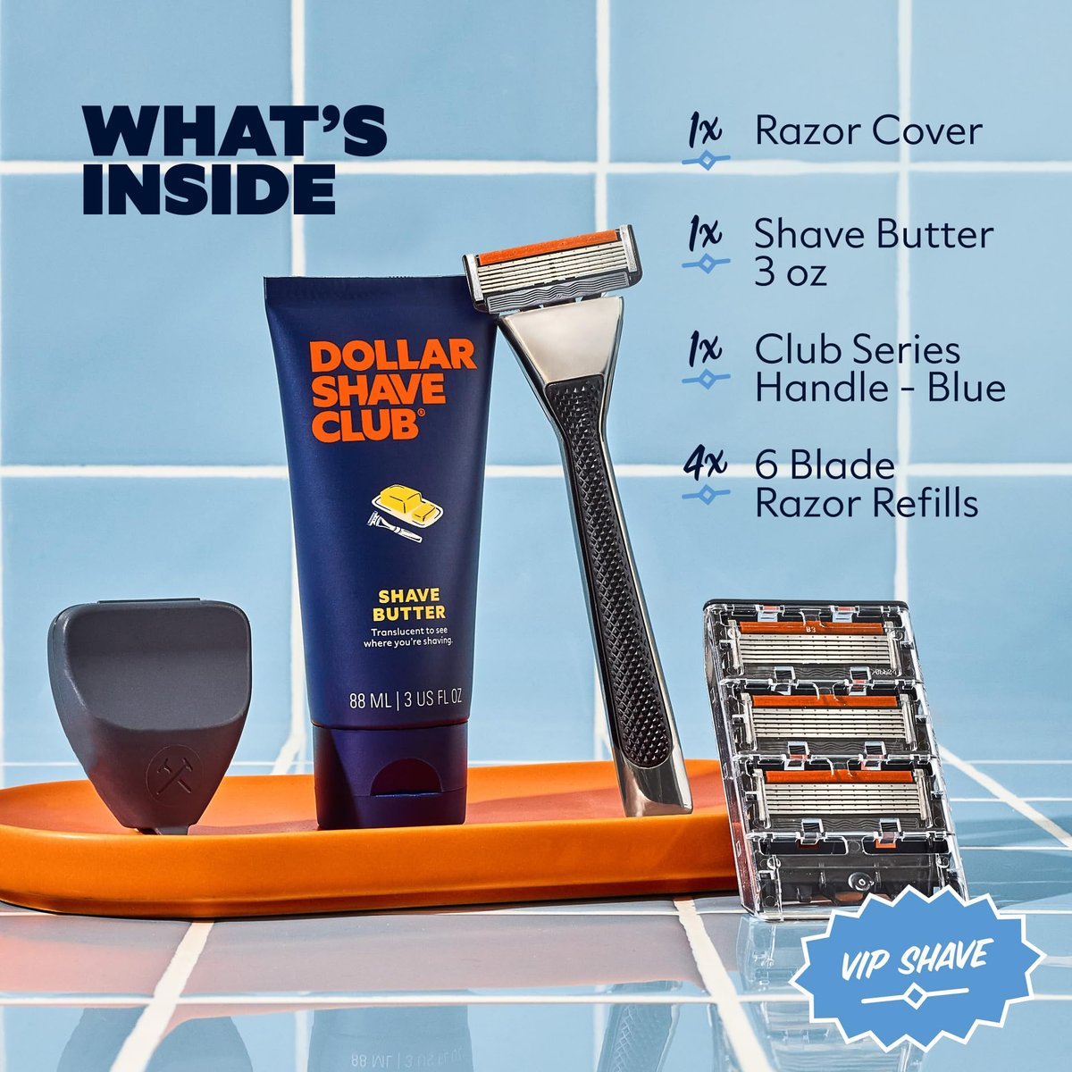 Dollar Shave Club VIP Shave Set: 4 Extra Close Refill Cartridges, Heavy Metal Handle, Shave Butter 3 oz & Razor Cover for Men Avelisse