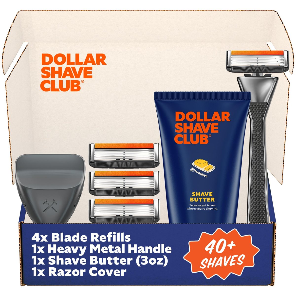 Dollar Shave Club VIP Shave Set: 4 Extra Close Refill Cartridges, Heavy Metal Handle, Shave Butter 3 oz & Razor Cover for Men Avelisse