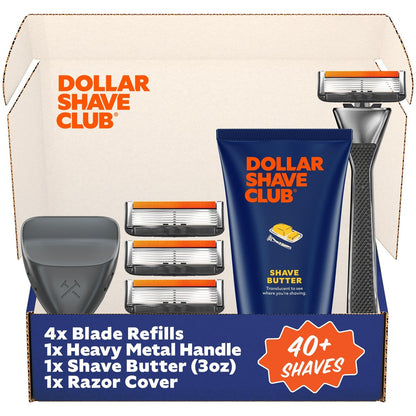 Dollar Shave Club VIP Shave Set: 4 Extra Close Refill Cartridges, Heavy Metal Handle, Shave Butter 3 oz & Razor Cover for Men Avelisse