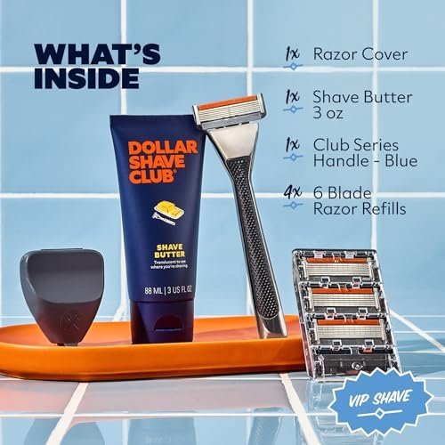 Dollar Shave Club VIP Shave Set: 4 Extra Close Refill Cartridges, Heavy Metal Handle, Shave Butter 3 oz & Razor Cover for Men Avelisse