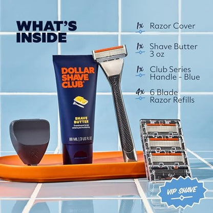 Dollar Shave Club VIP Shave Set: 4 Extra Close Refill Cartridges, Heavy Metal Handle, Shave Butter 3 oz & Razor Cover for Men Avelisse