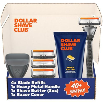 Dollar Shave Club VIP Shave Set: 4 Extra Close Refill Cartridges, Heavy Metal Handle, Shave Butter 3 oz & Razor Cover for Men Avelisse
