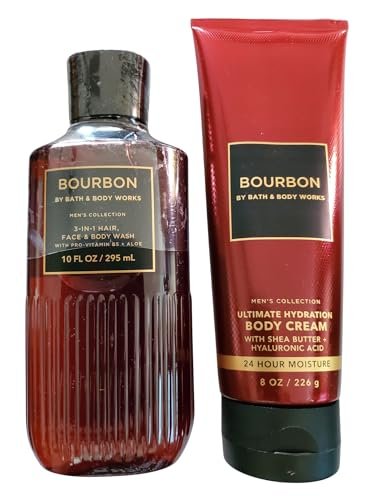 Bath & Body Works Men's Bourbon 3-in-1 Hair, Face & Body Wash Shower Gel and Body Cream 2 Piece Set Avelisse