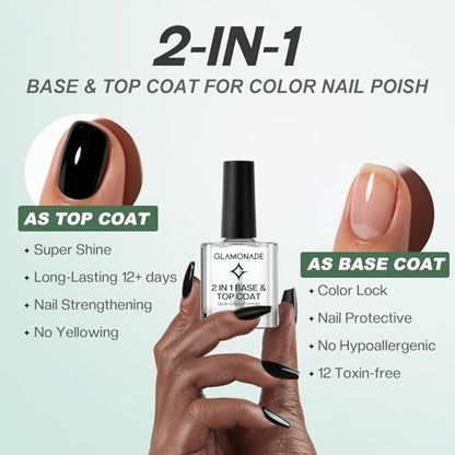 Glamonade Base Top Coat Nail Polish: 2 in 1 Clear High Shine Quick Dry Nail Polish for Long Lasting Color Protection