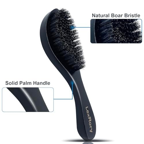 LexRory Boar Bristles Men Medium Hard 360 Waves - Long Handle Natural Palm Wavy Brushes for Men - Medium Firm Curved Brush for Hair Routine (Black) - görsel 6