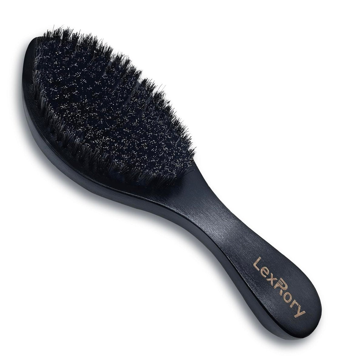 LexRory Boar Bristles Men Medium Hard 360 Waves - Long Handle Natural Palm Wavy Brushes for Men - Medium Firm Curved Brush for Hair Routine (Black) - görsel 1