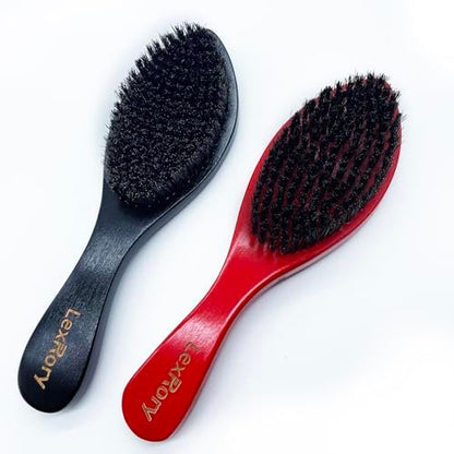 LexRory Boar Bristles Men Medium Hard 360 Waves - Long Handle Natural Palm Wavy Brushes for Men - Medium Firm Curved Brush for Hair Routine (Black)