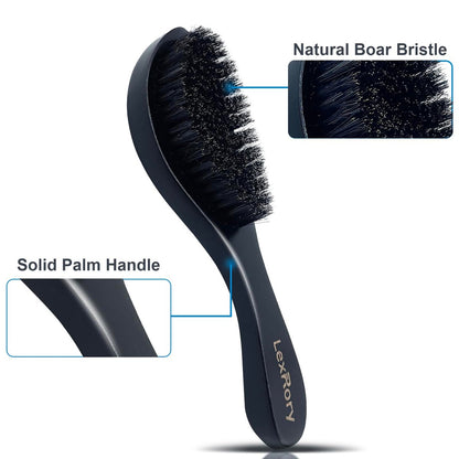LexRory Boar Bristles Men Medium Hard 360 Waves - Long Handle Natural Palm Wavy Brushes for Men - Medium Firm Curved Brush for Hair Routine (Black)