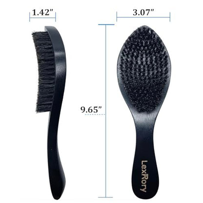 LexRory Boar Bristles Men Medium Hard 360 Waves - Long Handle Natural Palm Wavy Brushes for Men - Medium Firm Curved Brush for Hair Routine (Black)