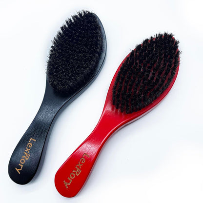 LexRory Boar Bristles Men Medium Hard 360 Waves - Long Handle Natural Palm Wavy Brushes for Men - Medium Firm Curved Brush for Hair Routine (Black)