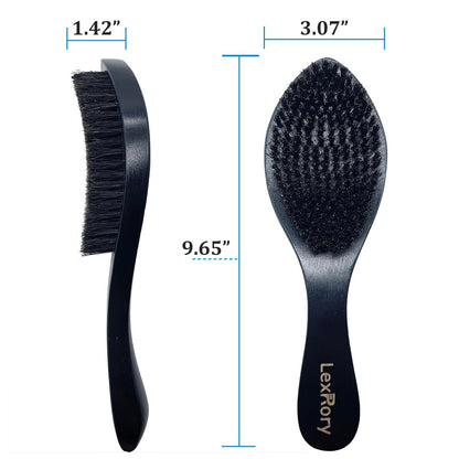 LexRory Boar Bristles Men Medium Hard 360 Waves - Long Handle Natural Palm Wavy Brushes for Men - Medium Firm Curved Brush for Hair Routine (Black)