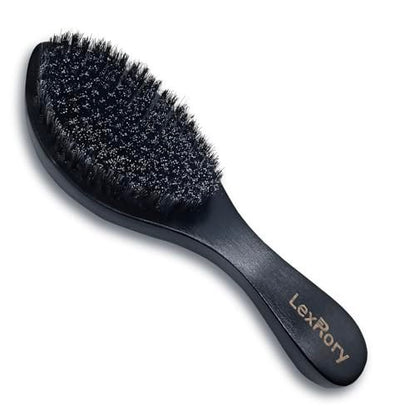 LexRory Boar Bristles Men Medium Hard 360 Waves - Long Handle Natural Palm Wavy Brushes for Men - Medium Firm Curved Brush for Hair Routine (Black)