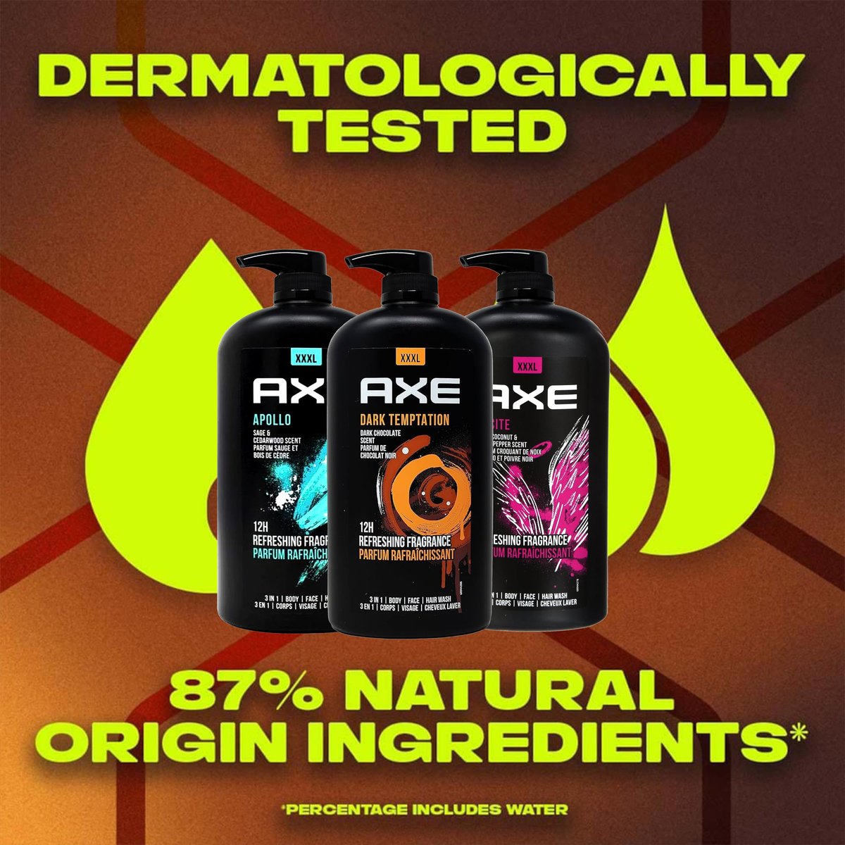AXE Men's Body Wash Variety Pack - Dark Temptation, Apollo & Excite - 3-Pack of 33.8 oz Pump Bottles - 3-in-1 Body, Face & Hair Wash Avelisse
