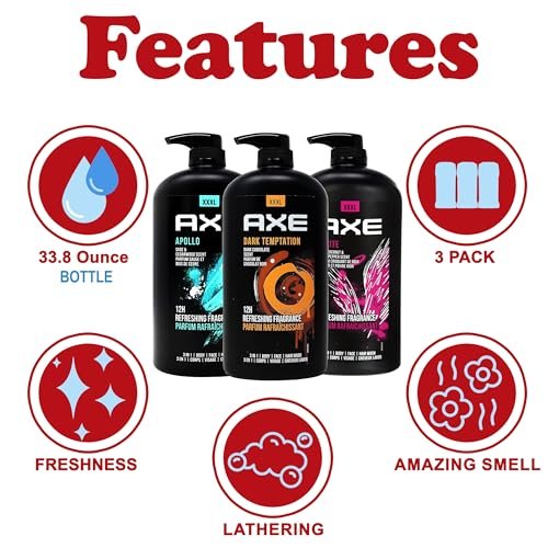 AXE Men's Body Wash Variety Pack - Dark Temptation, Apollo & Excite - 3-Pack of 33.8 oz Pump Bottles - 3-in-1 Body, Face & Hair Wash Avelisse