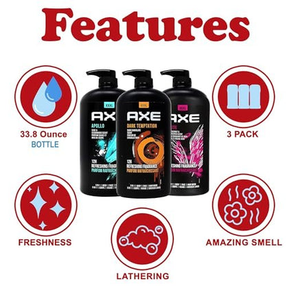 AXE Men's Body Wash Variety Pack - Dark Temptation, Apollo & Excite - 3-Pack of 33.8 oz Pump Bottles - 3-in-1 Body, Face & Hair Wash Avelisse