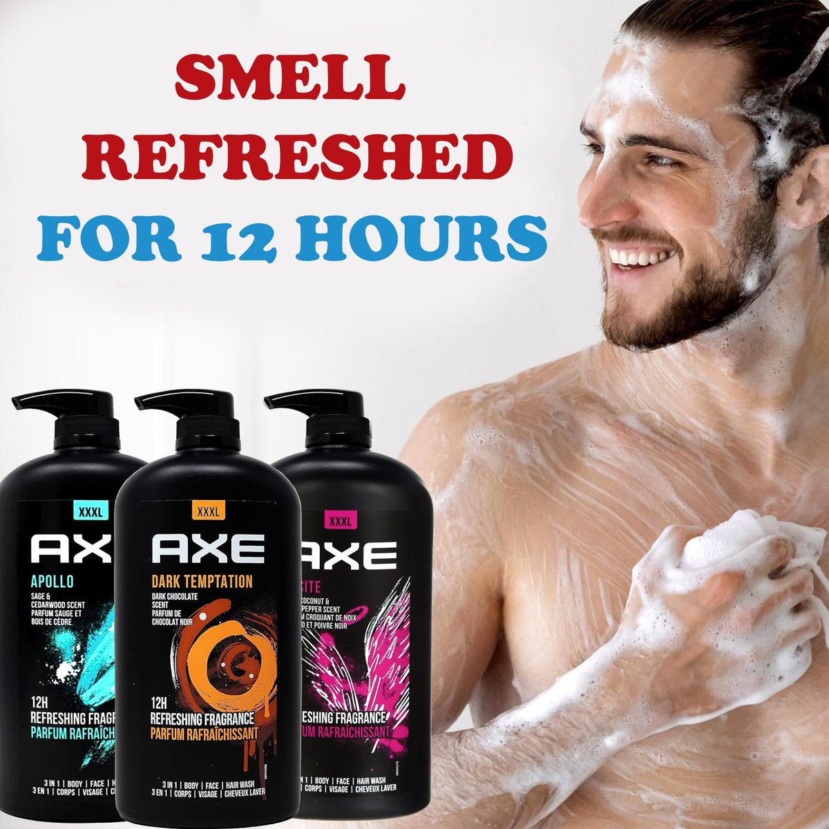 AXE Men's Body Wash Variety Pack - Dark Temptation, Apollo & Excite - 3-Pack of 33.8 oz Pump Bottles - 3-in-1 Body, Face & Hair Wash Avelisse